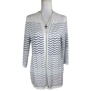 Chico's ~Woman 1 (M)~ White/Blue Striped Open Front Cardigan Sweater 3/4 Sleeve